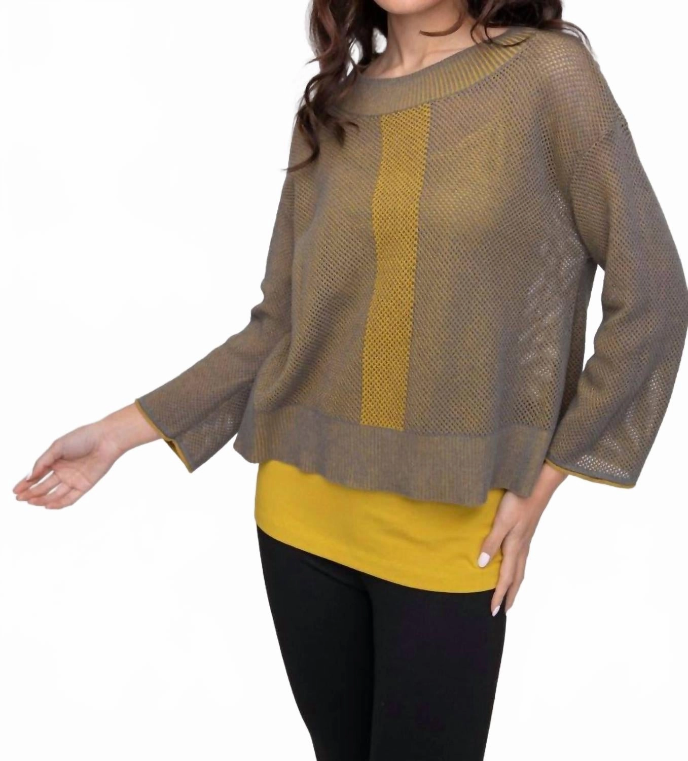 Stretch Fabric Layering Knit 2-Tone Mesh Topper In Gold