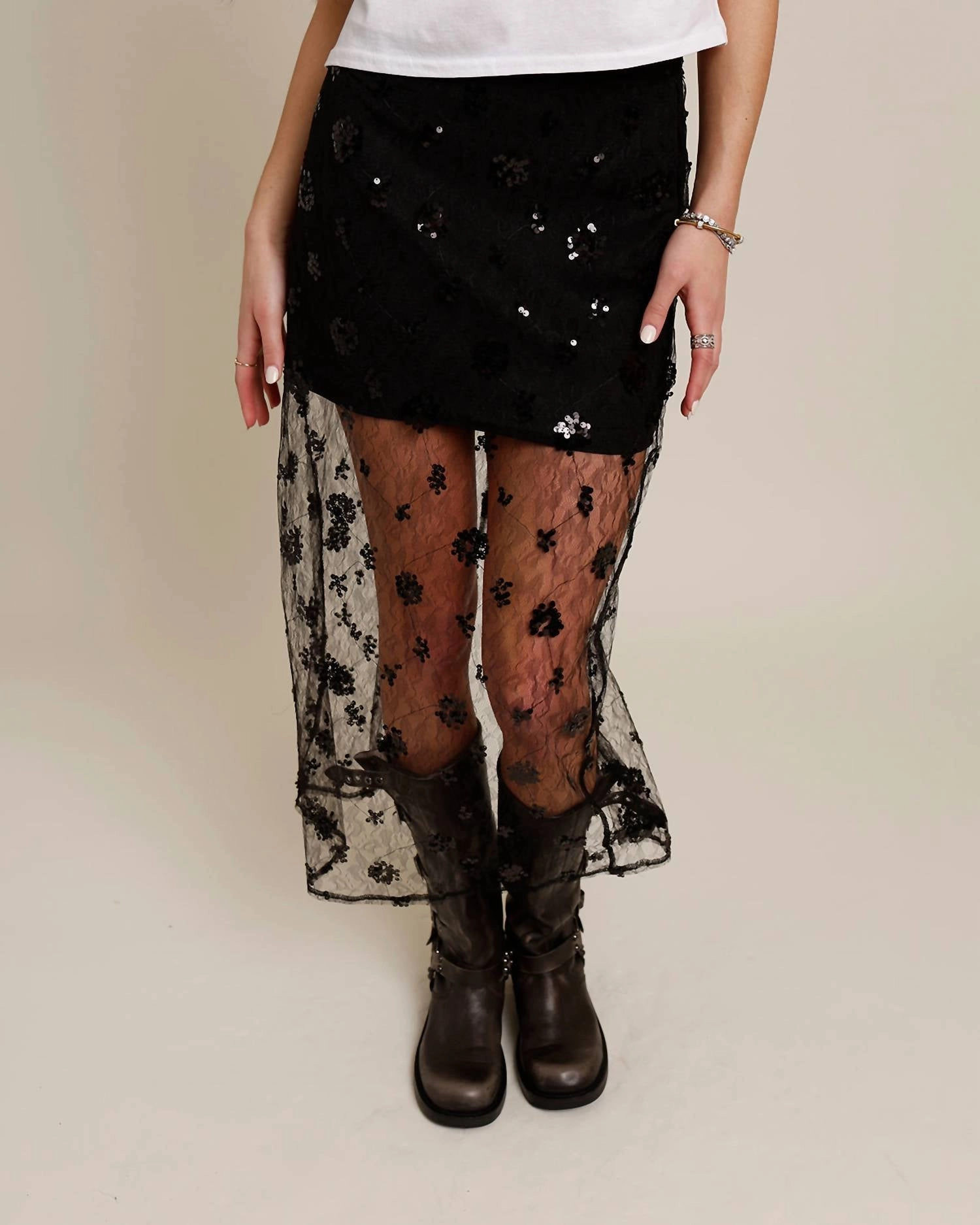 Show Off Lace Midi Skirt In Black Leather Look Breathable fabric