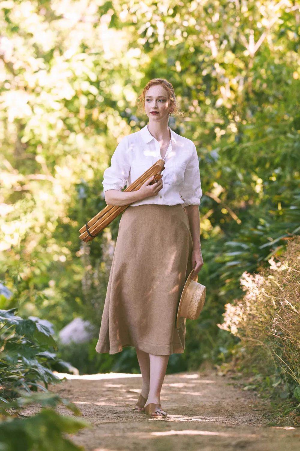 Twill Linen Midi Skirt - Camel Twill Sturdy Waistband