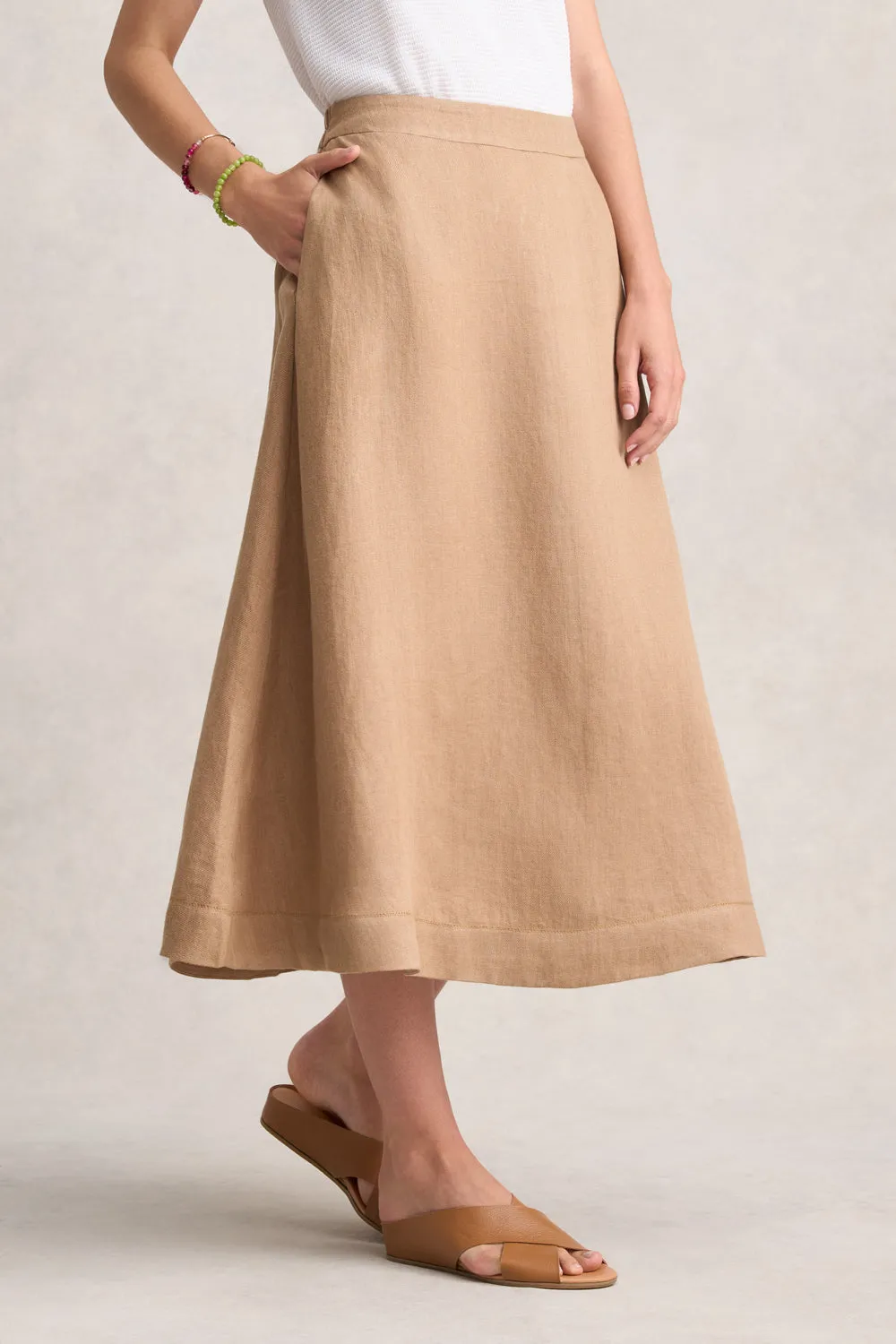 Twill Linen Midi Skirt - Camel Twill Smooth Edging