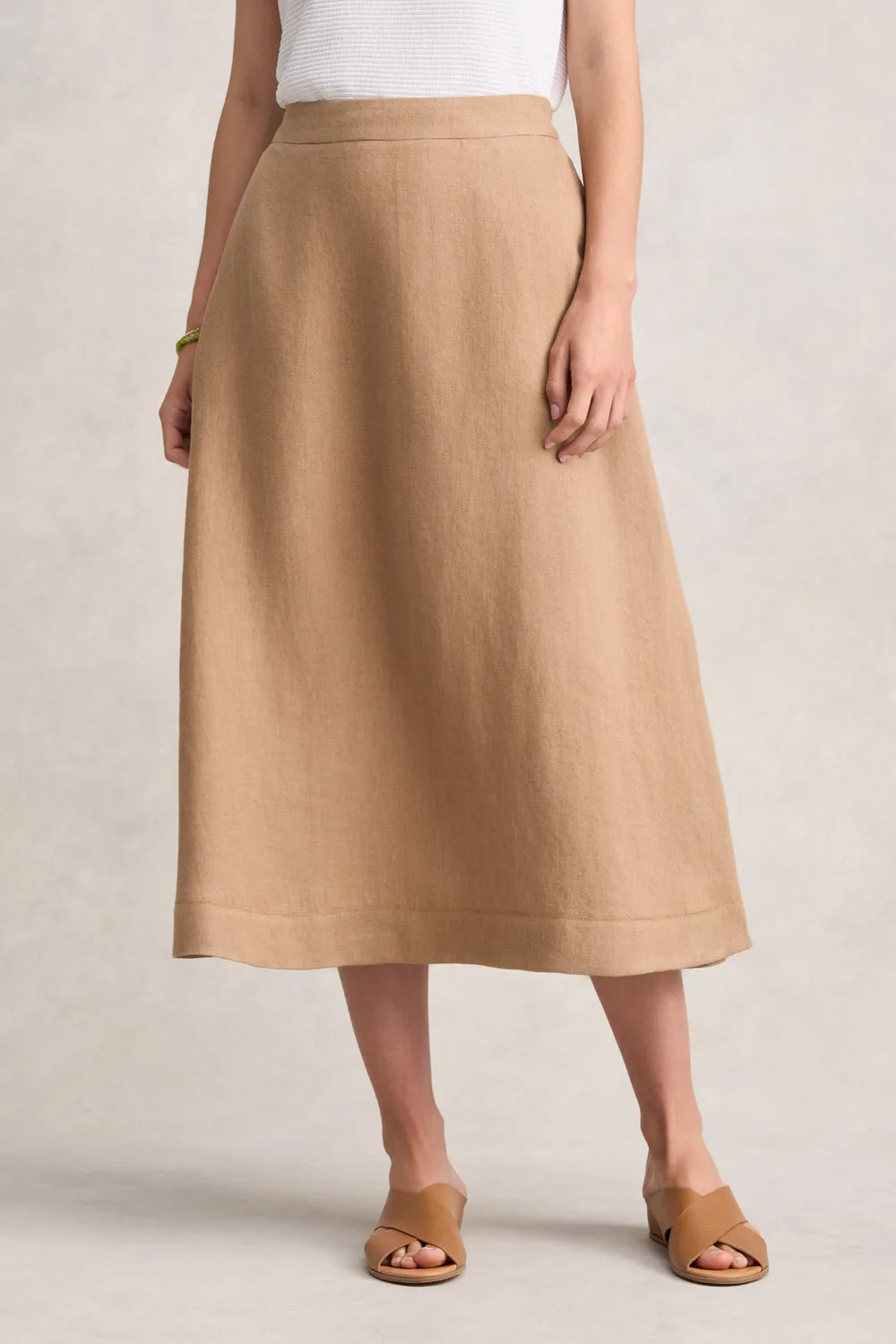 Non Slip Waist Twill Linen Midi Skirt - Camel Twill