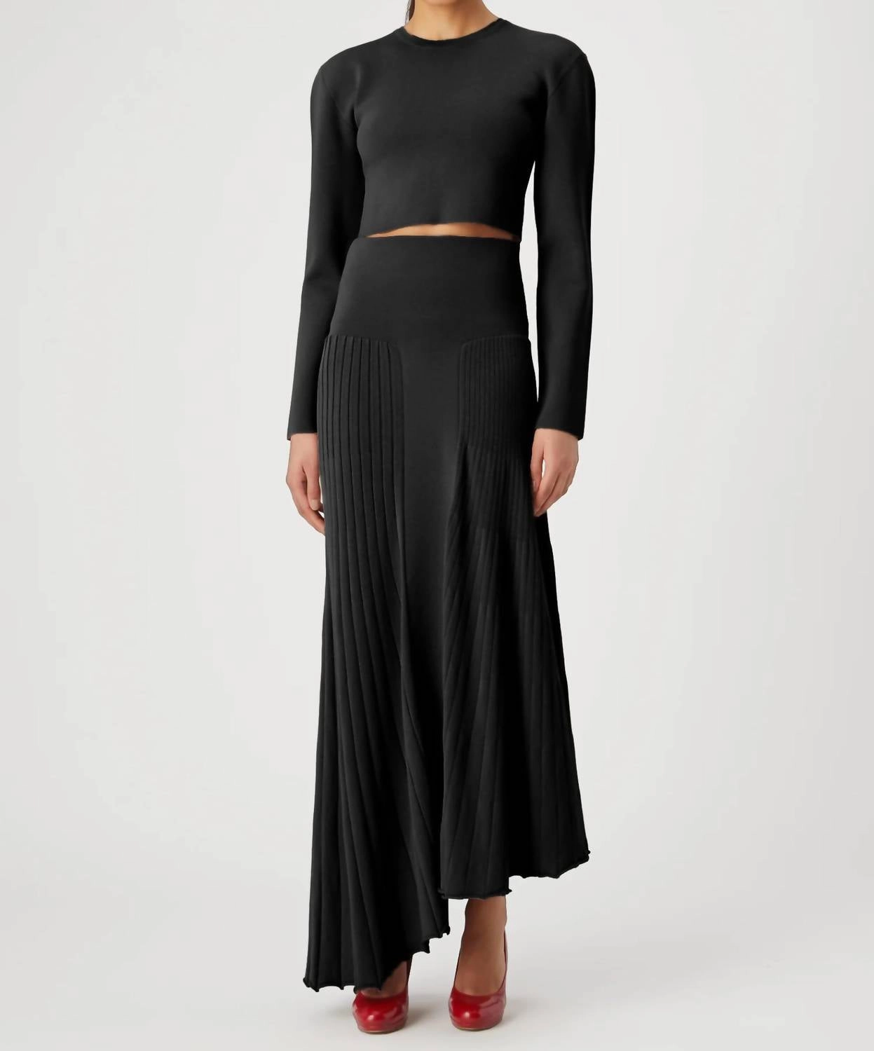 Patchwork Design Adra Asymmetric Knit Midi Skirt In Black