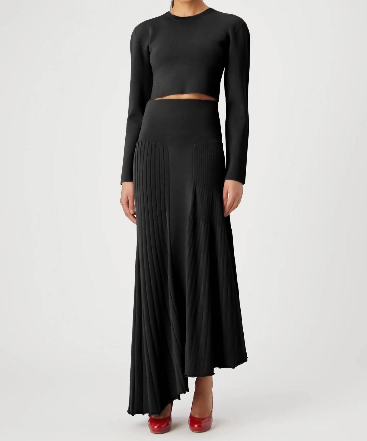 Soft Layers Adra Asymmetric Knit Midi Skirt In Black