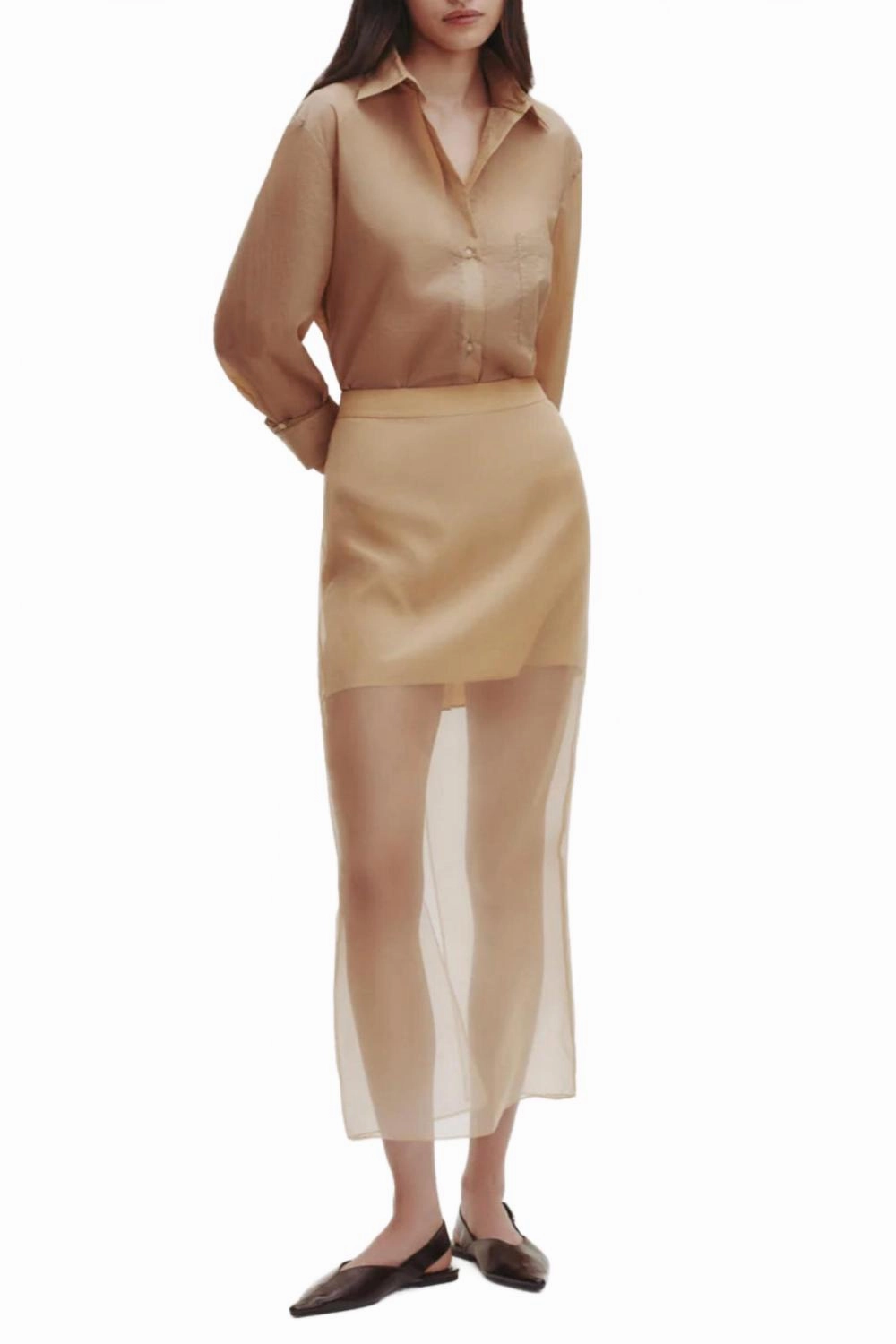 Flexible Knit Sylkie Midi Skirt In British Khaki
