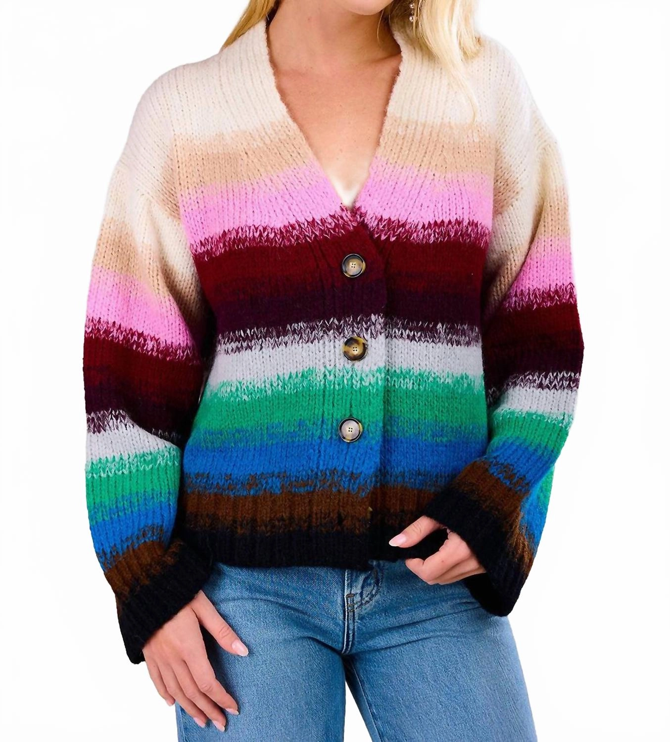 Relaxed Knit Breathable mesh panel Aliana Cardi Sweater In Multicolor