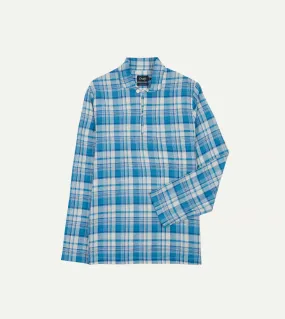 Stretch Fabric Sweat-Absorbing Blue Madras Check Linen Smock Shirt