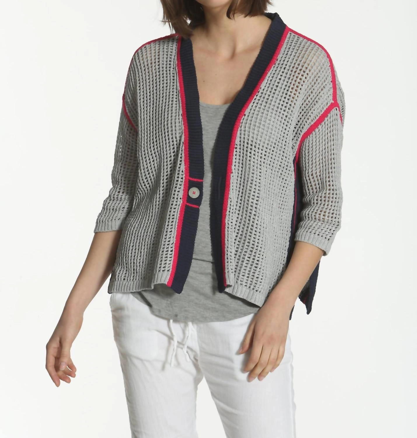 Women's Refresh Cardigan In Grey/navy Reinforced Shoulder Seams