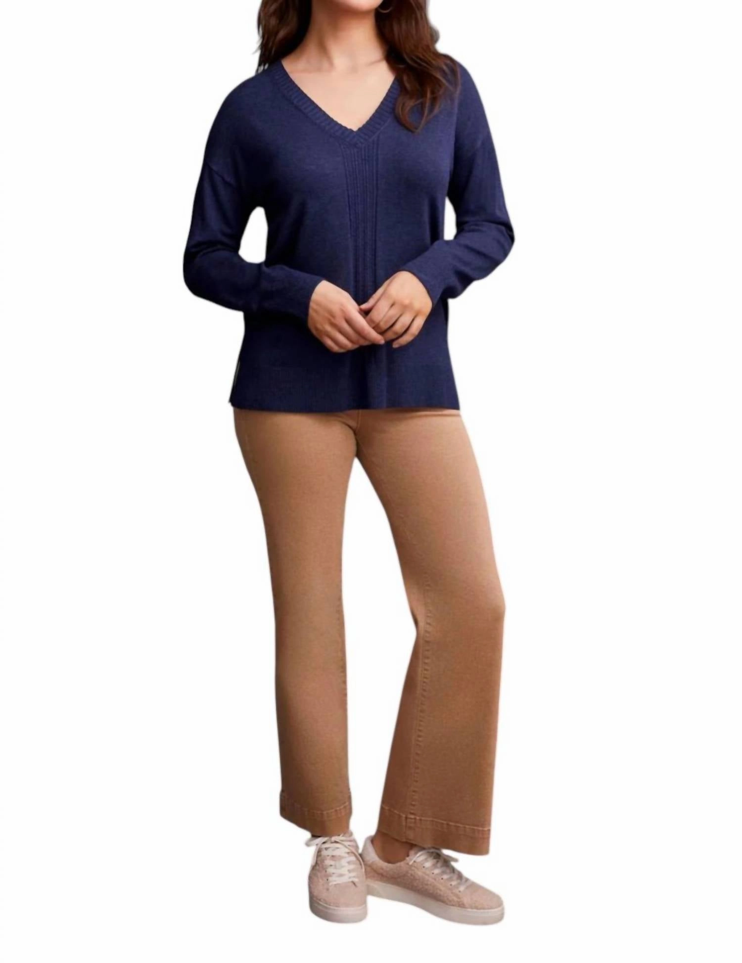 Long Sleeve V-Neck Sweater With Cables In Sapphire Curved Hemline Layered Wearable