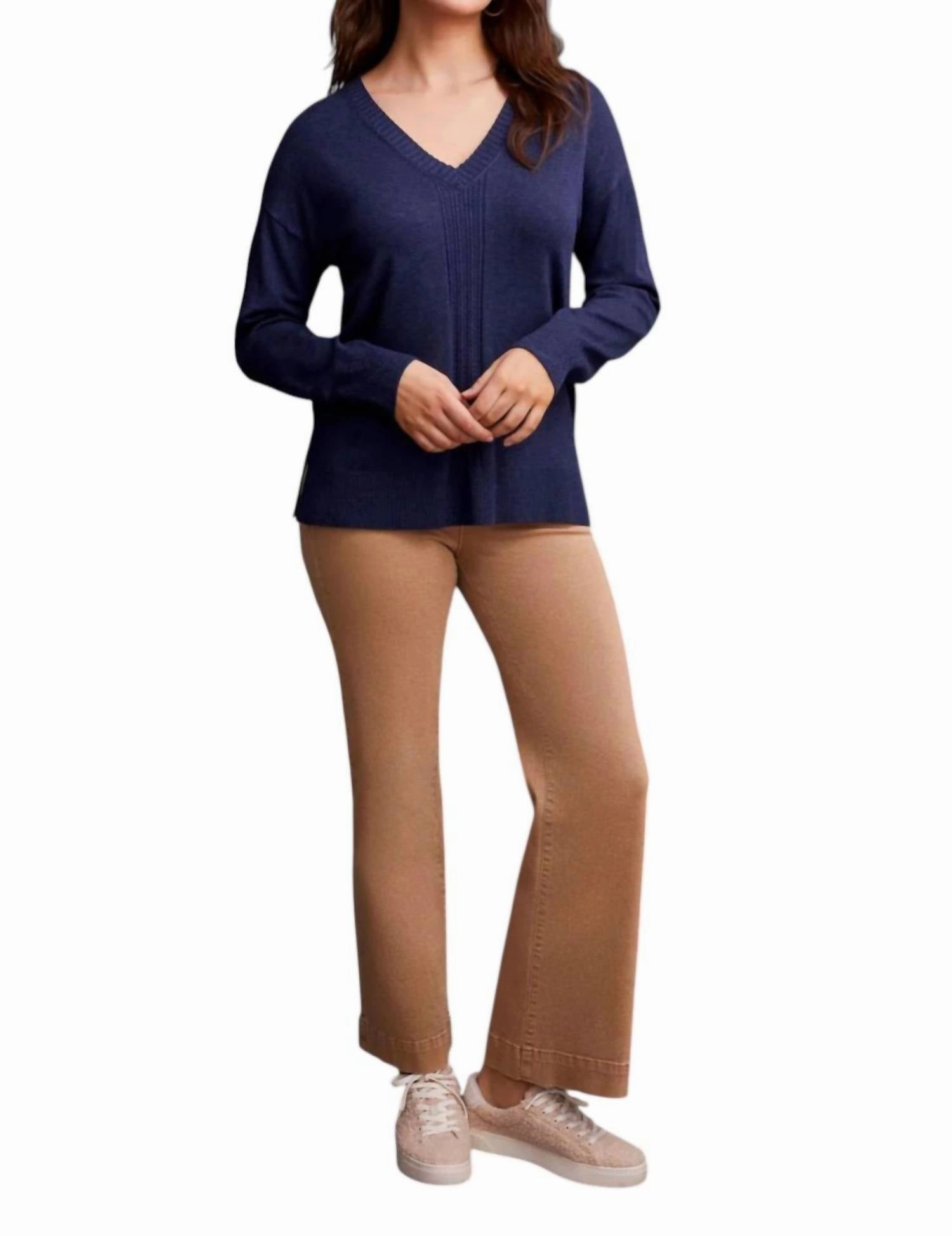 Long Sleeve V-Neck Sweater With Cables In Sapphire Cozy Apparel