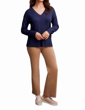 Long Sleeve V-Neck Sweater With Cables In Sapphire Curved Hemline Layered Wearable