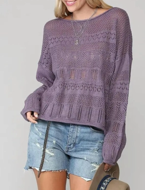 Open-Knit Cotton-Blend Sweater In Purple Casual Chic