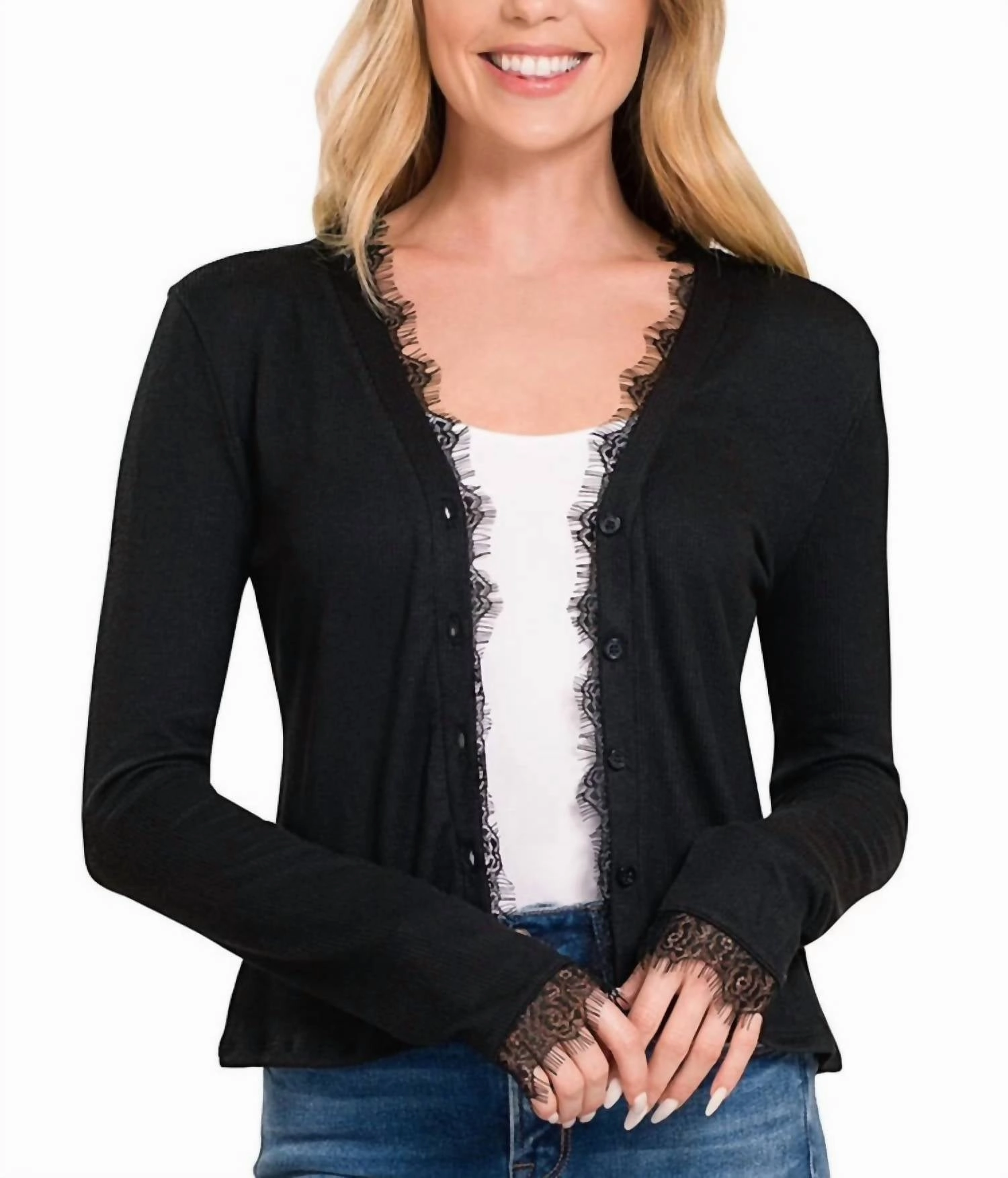 Cozy Warmth Vintage Wash Finish Lace Trim Ribbed Cardigan In Black