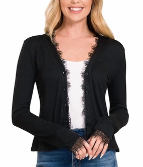 Layered Warmth Cold Weather Comfort Lace Trim Ribbed Cardigan In Black