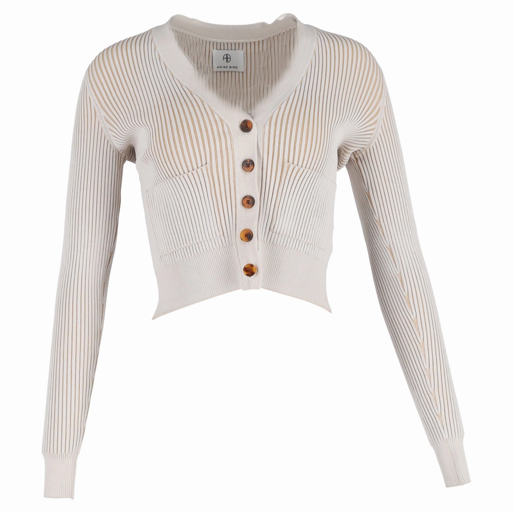 Ribbed Hem Detailing Anine Bing Layla Ribbed Button Cardigan in Beige Rayon
