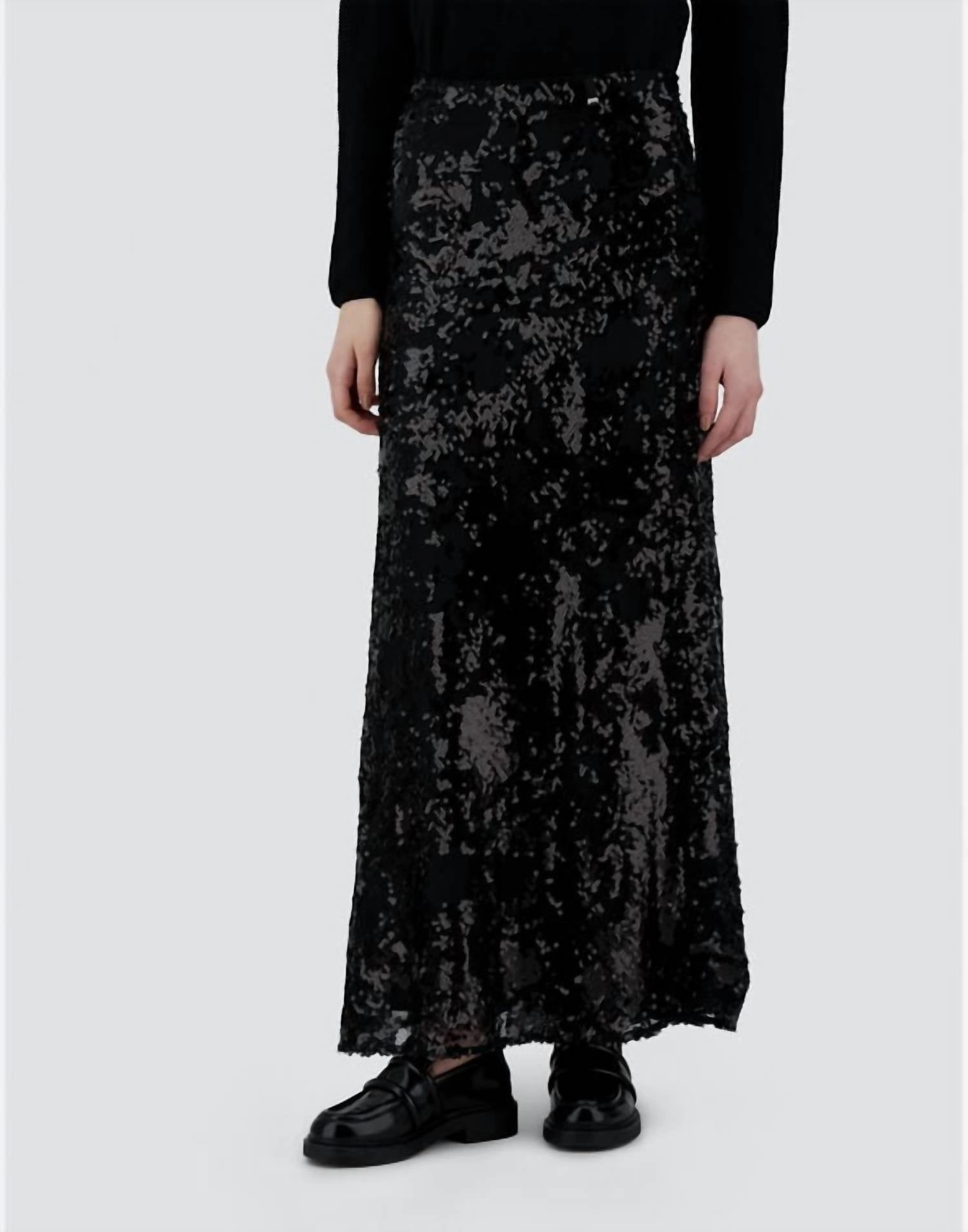 Modern Luxe Street Ready Shimmering Lace Maxi Skirt In Black