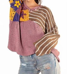 Knitted Layer Casual Fashion Chenille Crochet Sweater In Pink And Brown Floral