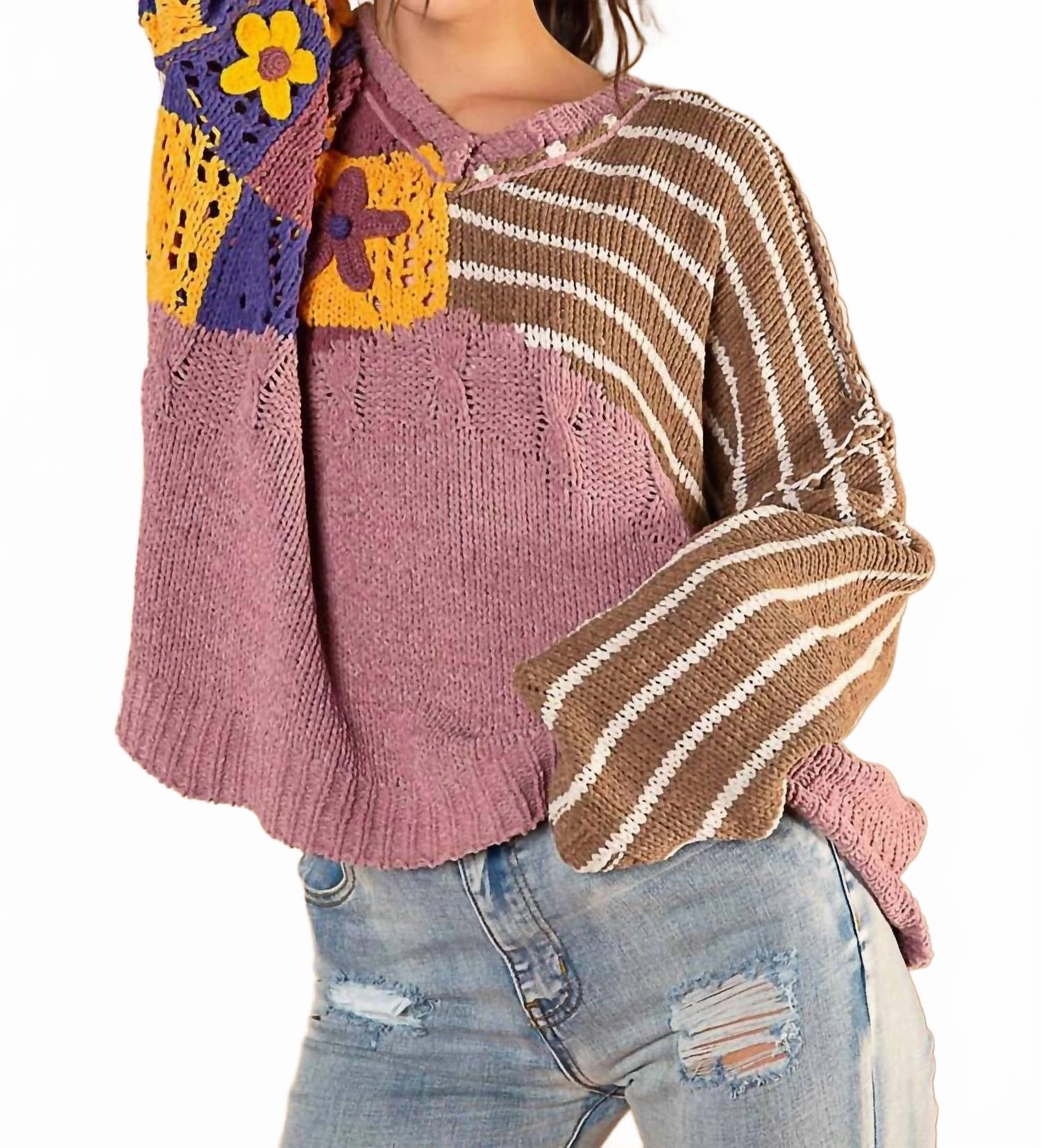 Knitted Layer Casual Fashion Chenille Crochet Sweater In Pink And Brown Floral
