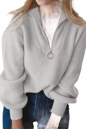 Ribbed-Knit Half-Zip Sweater In Grey Cozy Knit Look Cozy Fabric