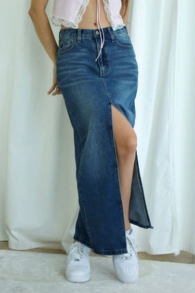 Soft Lining Bohemian vibe Callie Denim Maxi Skirt In Medium Blue