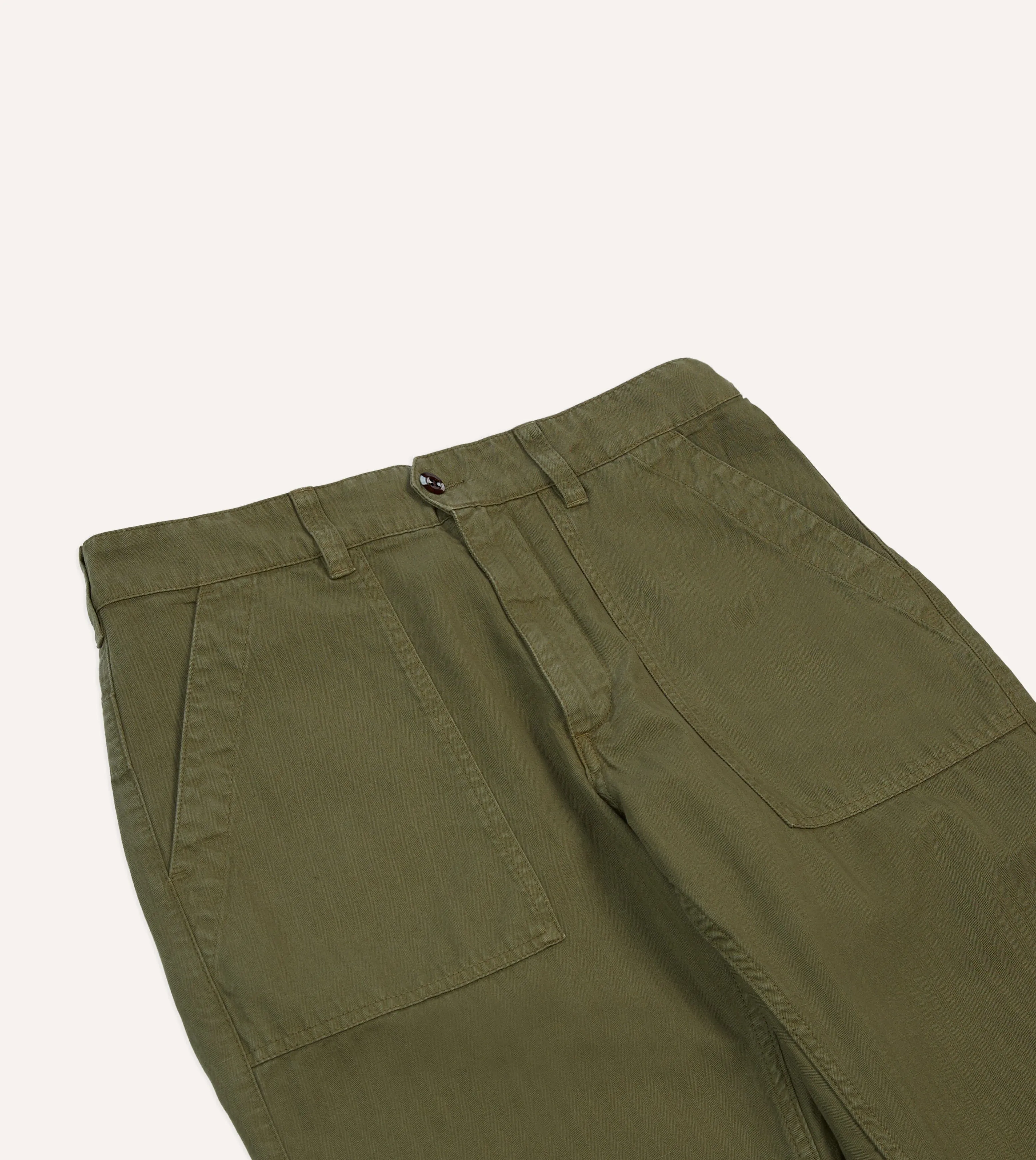 Utility Pockets Olive Cotton-Linen Herringbone Fatigue Trouser