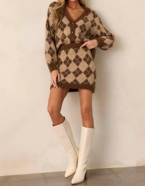 Functional Fashion Argyle Knit Cardigan In Brown