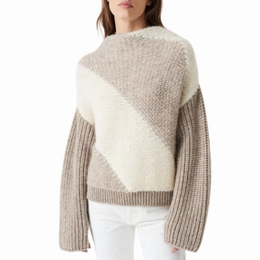 Arzel Two-Tone Round-Neck Sweater In Taupe/ecru Cold-Weather Layer