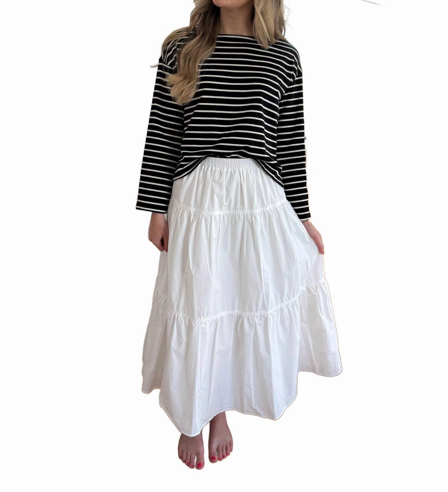 Scalloped Edge understated look Ashlyn Cotton Tiered Midi Skirt In White