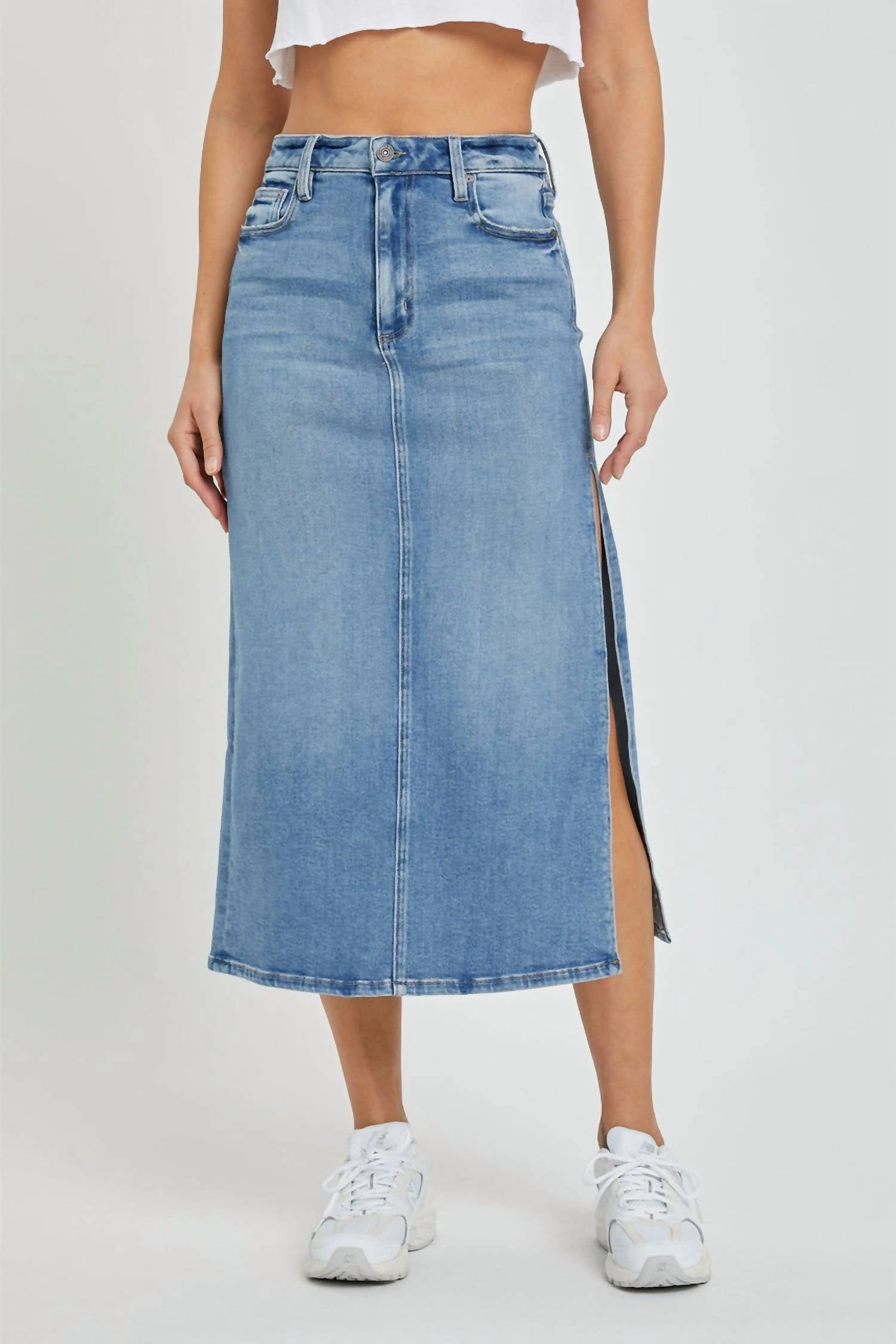 Peyton Midi Skirt W/side Slit In Medium Blue Bold Cut