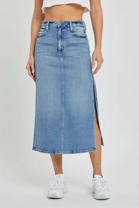 Peyton Midi Skirt W/side Slit In Medium Blue Bold Cut