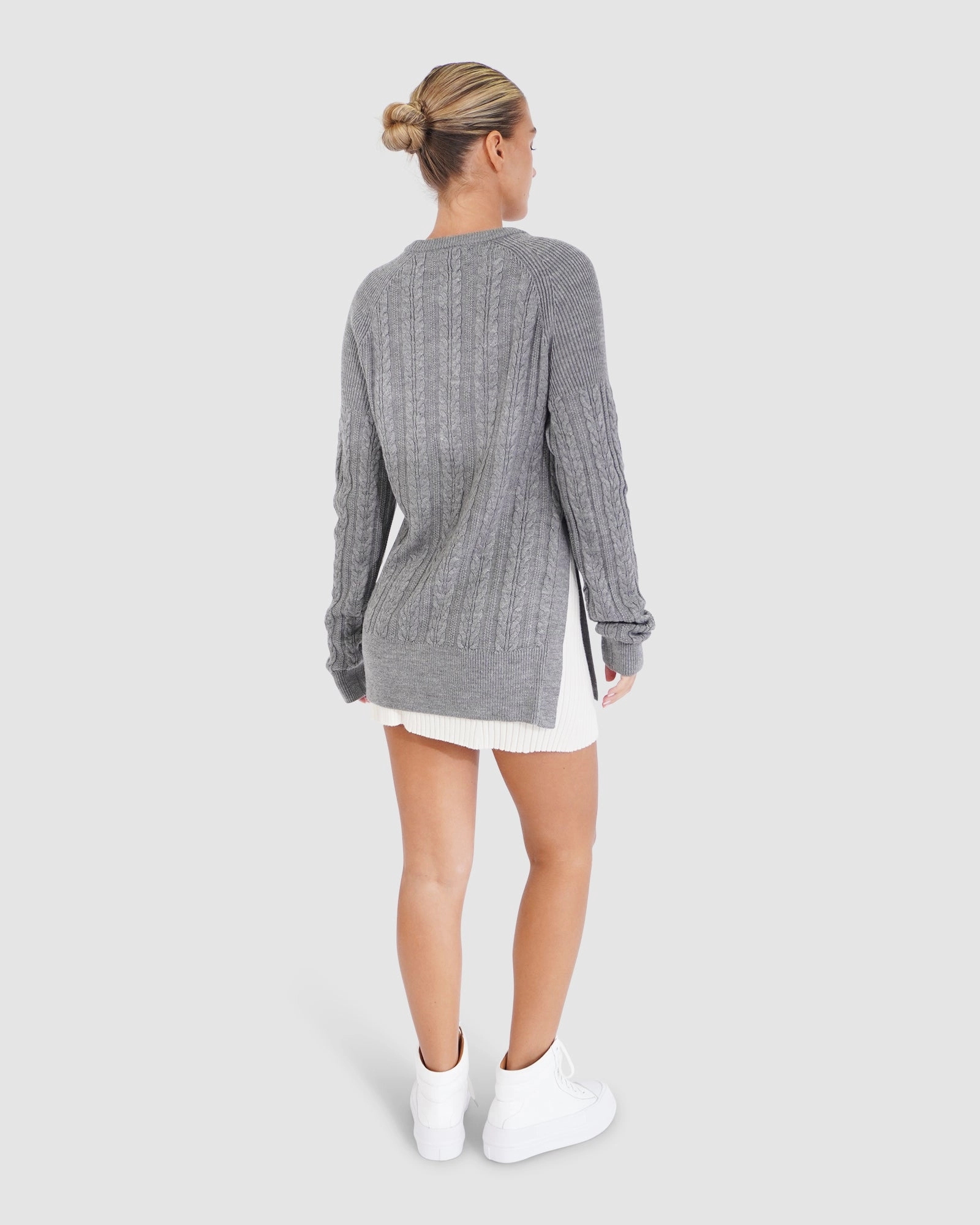 Breathable Wool Fine Gauge Knit At Last Cable Knit Jumper With Slit
