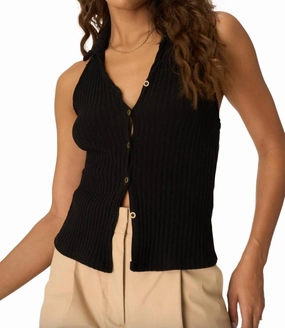 Austin Collared Button Front Rib Halter Sweater In Black Versatile Layer