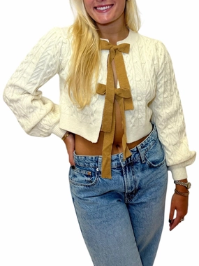 Micro Gauge Knitting Autumn Bow Tie Sweater In Cream