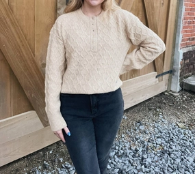 Avril Half Button Sweater In Sand Breathable Warmth Reinforced Edging