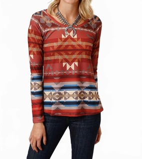 Aztec Pull Over Sweater In Red Recycled Fiber Soft Knit Style