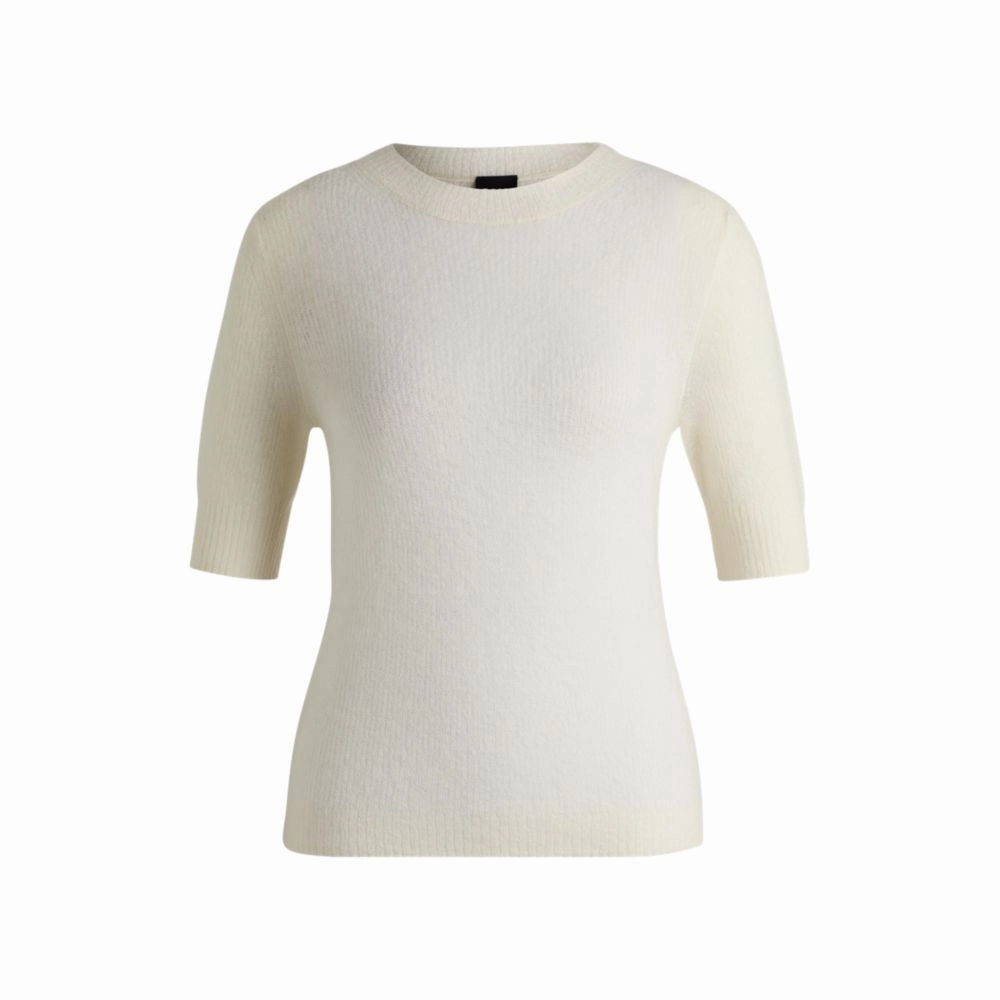Double Layered Collar Cropped-sleeve knitted sweater in textured wool