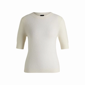 Cropped-sleeve knitted sweater in textured wool Breathable mesh lining