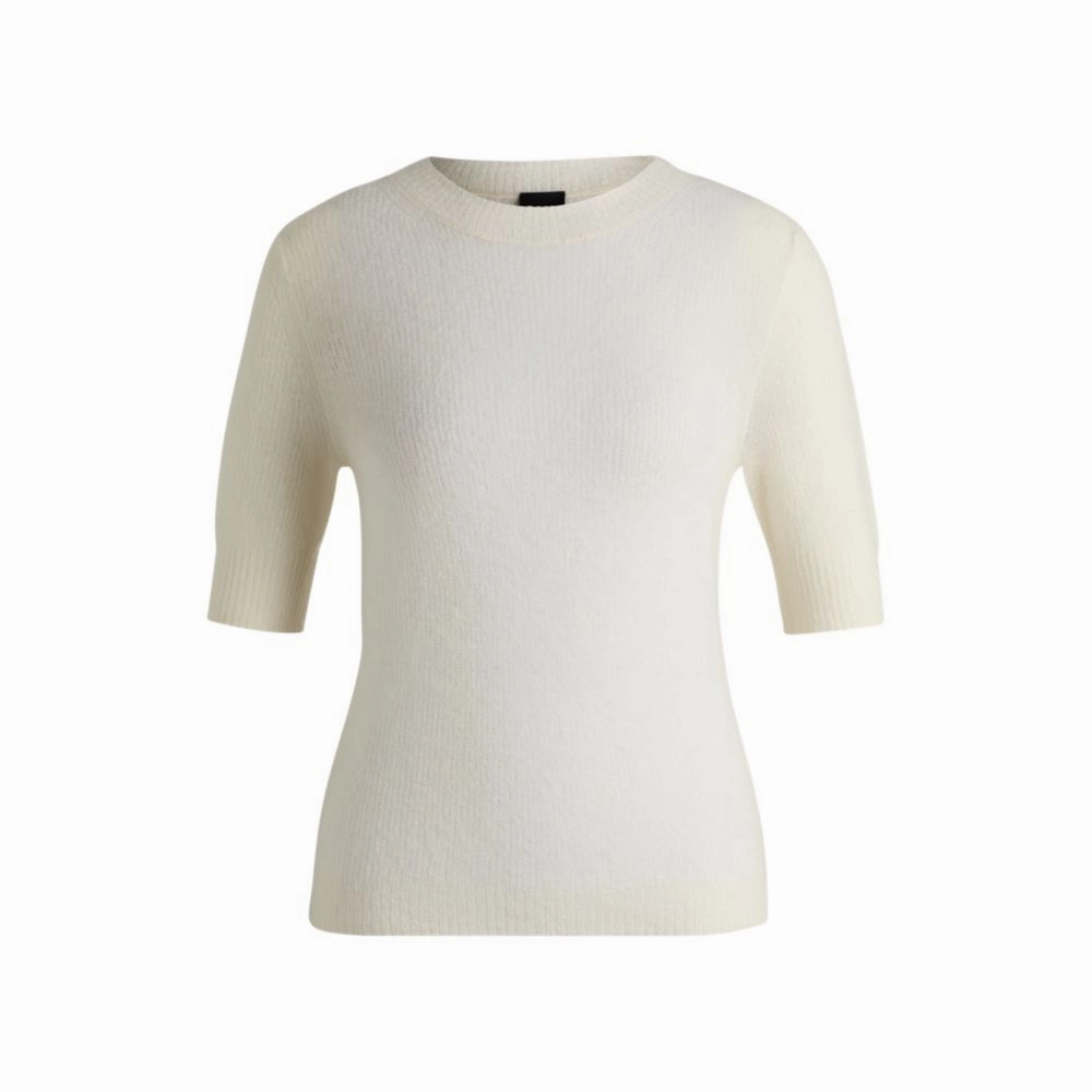 Wrinkle Free Material Cropped-sleeve knitted sweater in textured wool