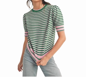 Ultimate Warmth Striped Pointelle Puff Sleeve Sweater In Green/pink