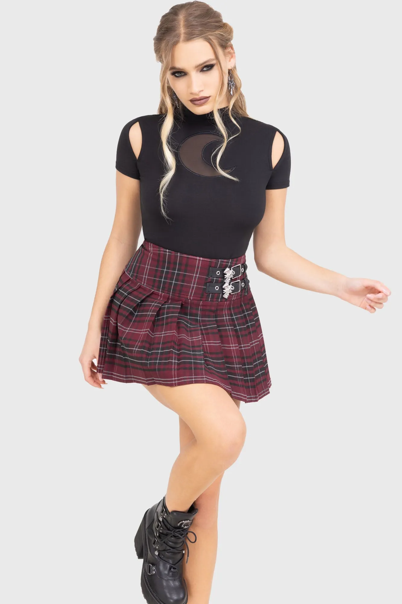 Bat Girl Skirt [BURGUNDY TARTAN] Lightwear Look Ventilated Slits