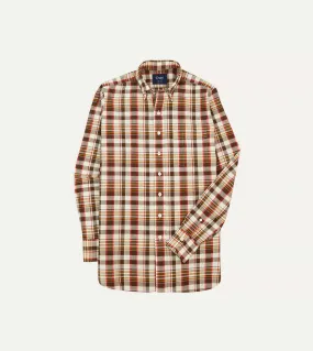 Tailored Silhouette Summer Fashion Brown and Red Madras Check Cotton Button-Down Shirt