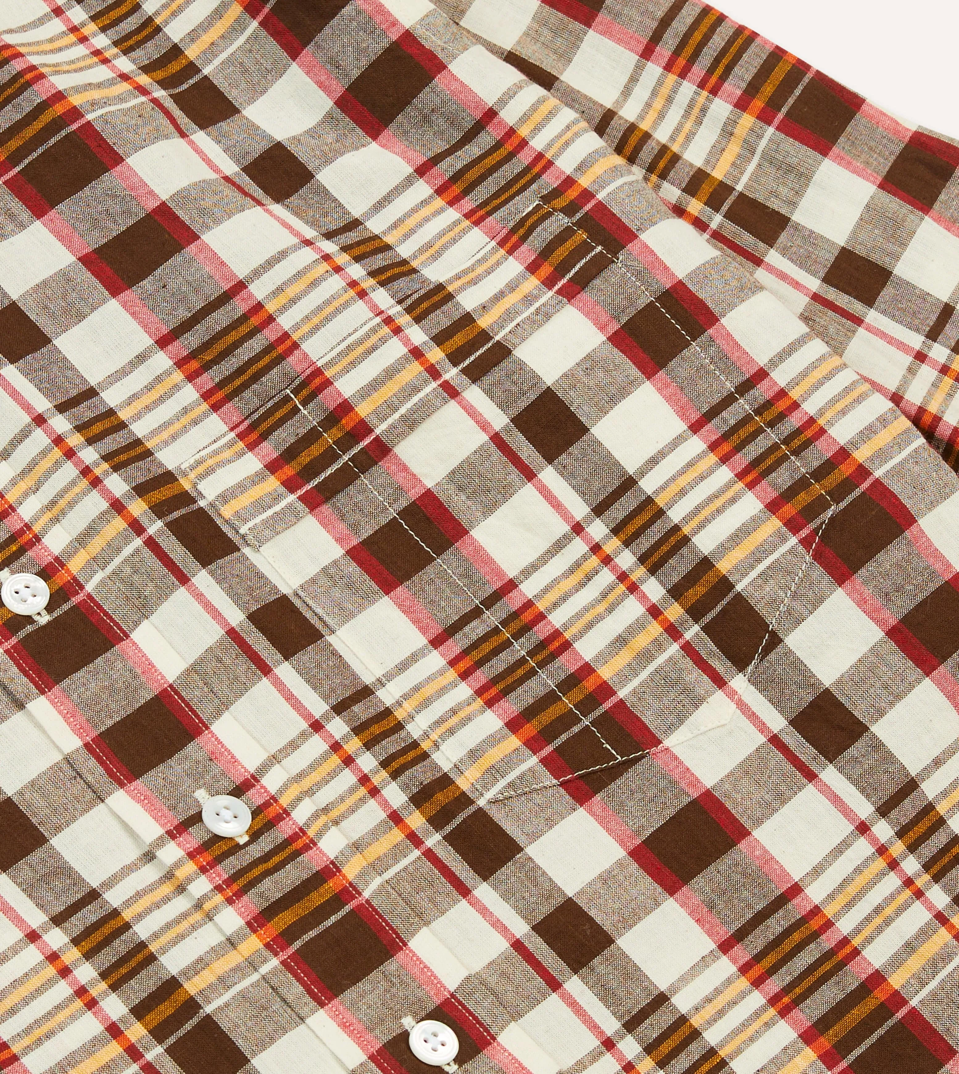 Double Needle Hemming Holiday Special Brown and Red Madras Check Cotton Button-Down Shirt