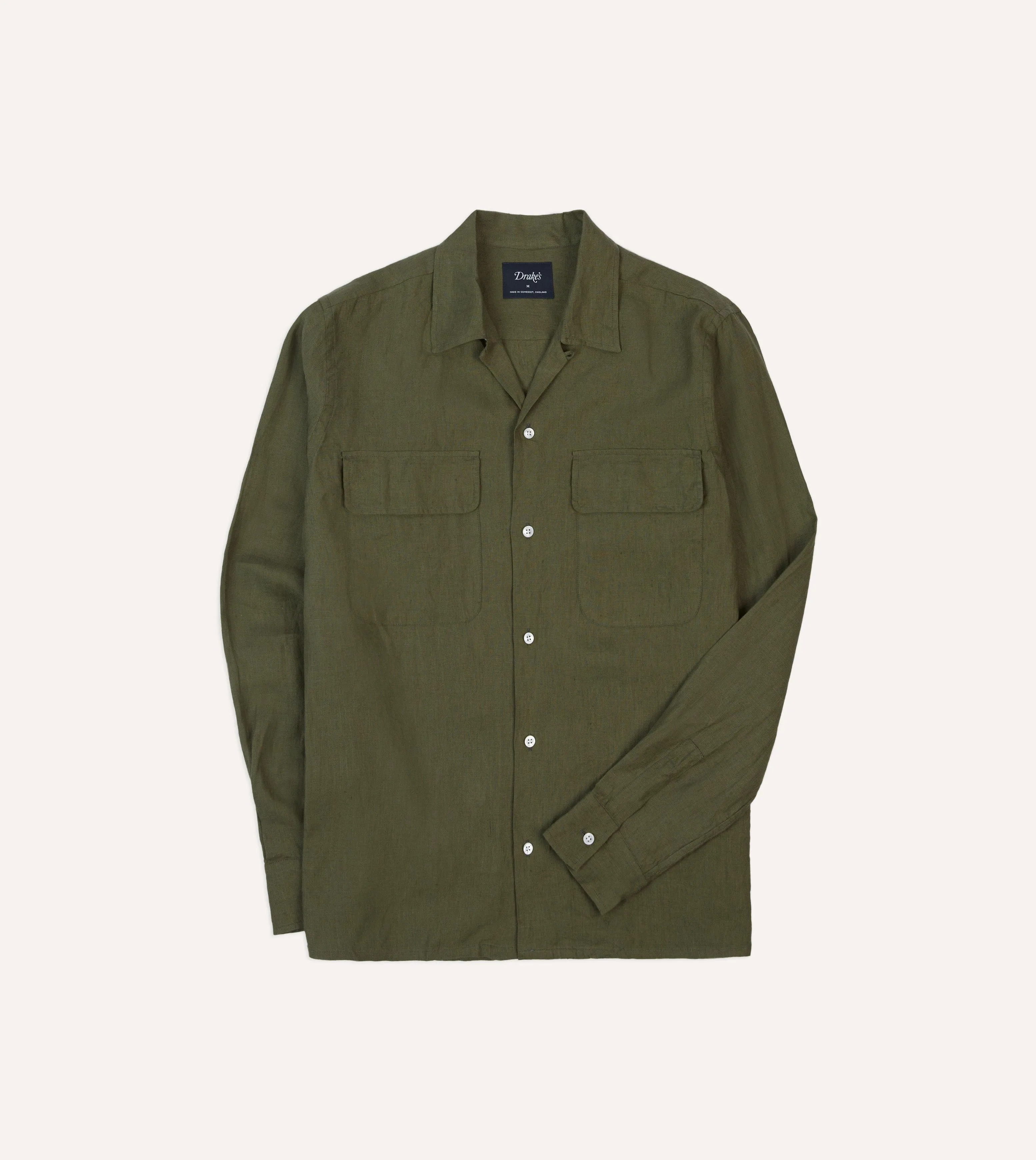 Khaki Linen Camp Collar Long Sleeve Shirt Adjustable Cuffs Statement Maker