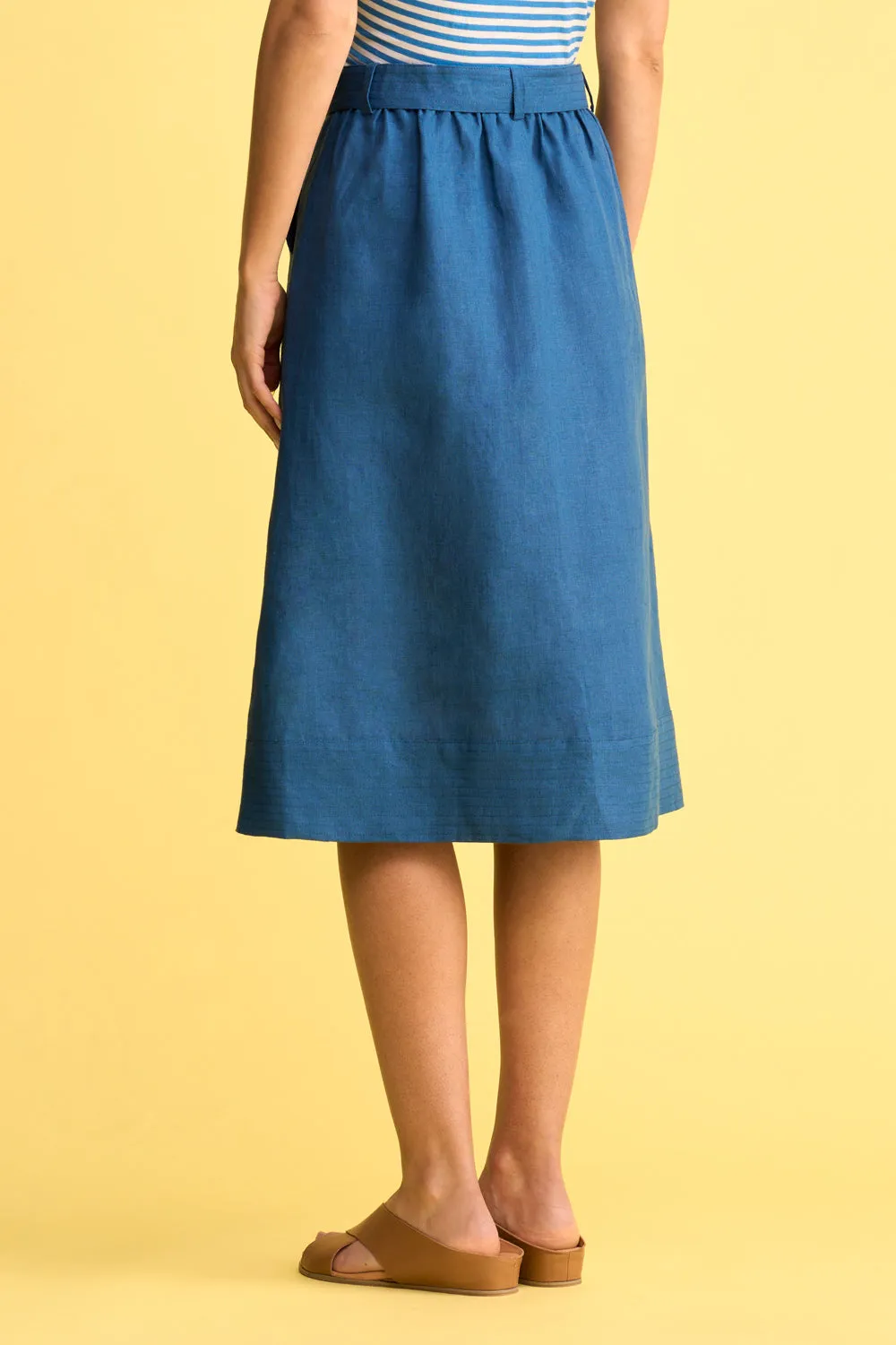 Belted Linen Skirt - Navy Cross Dye Mini length Designer Label