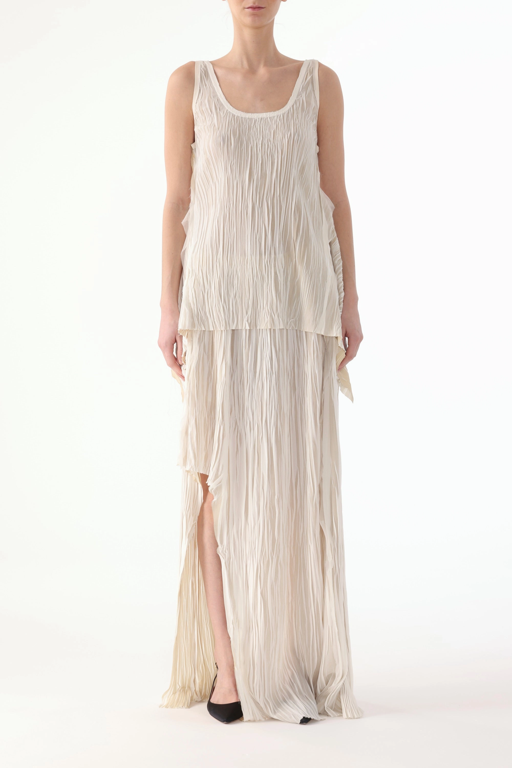 BICOLOR ASYMETRICAL PLEATED MAXI SKIRT Fresh Energy Semi Sheer