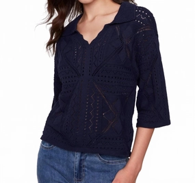 Comfortable Knit Layered Wear Lightweight Open Weave Pointelle Sweater In Navy