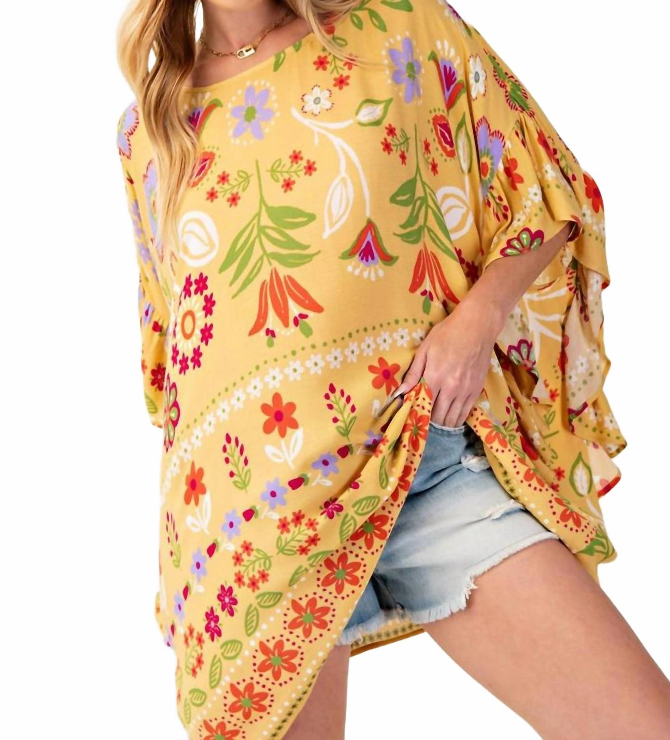 Eco Conscious Processing Recycled Material Blend Margaret Kaftan In Yellow Multi