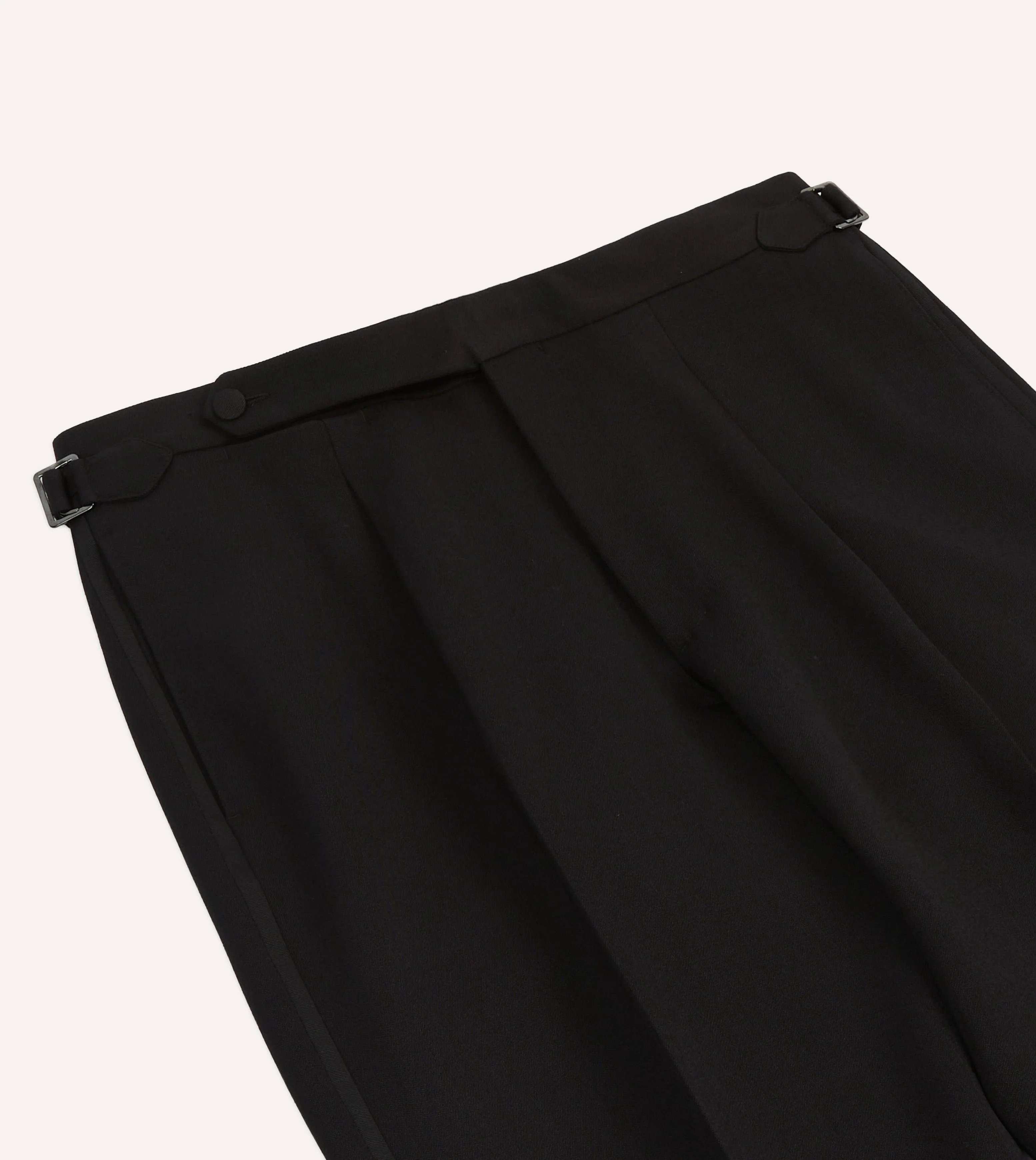 Perfectly Relaxed Outdoor Ready Black Barathea Wool Single Pleat Dinner Trousers