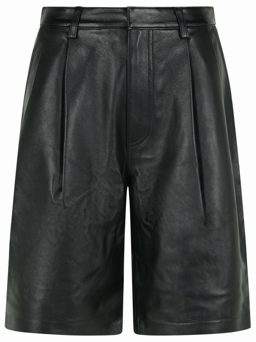affordable choice Stain Repellent Treatment Black Pleated Leather Bermuda Shorts