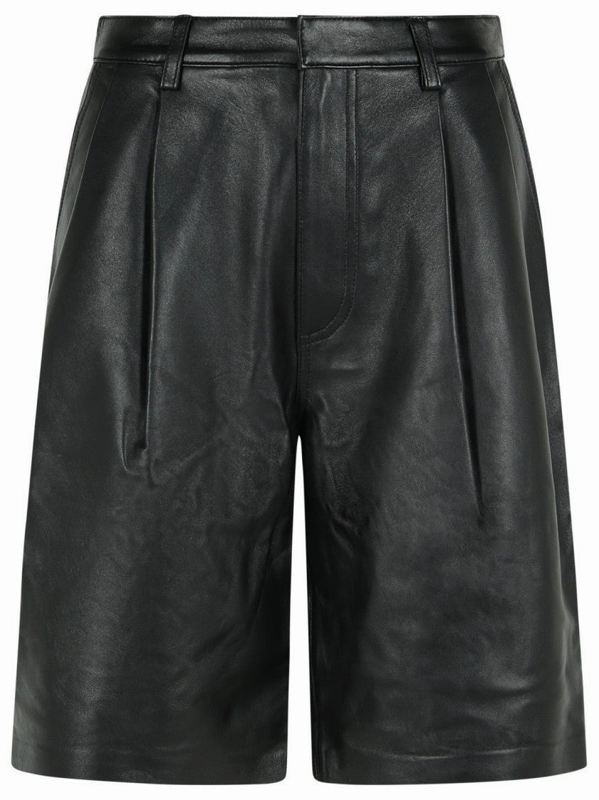 Black Pleated Leather Bermuda Shorts Tagless Design Versatile Piece