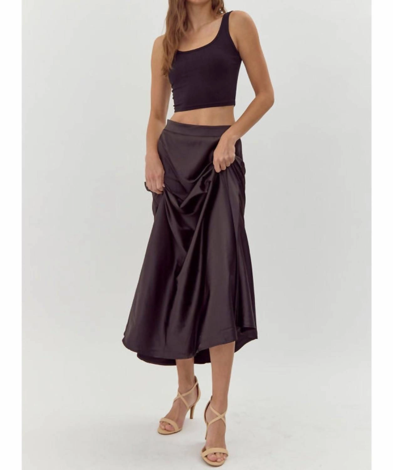 City Ready Black Satin Midi Skirt